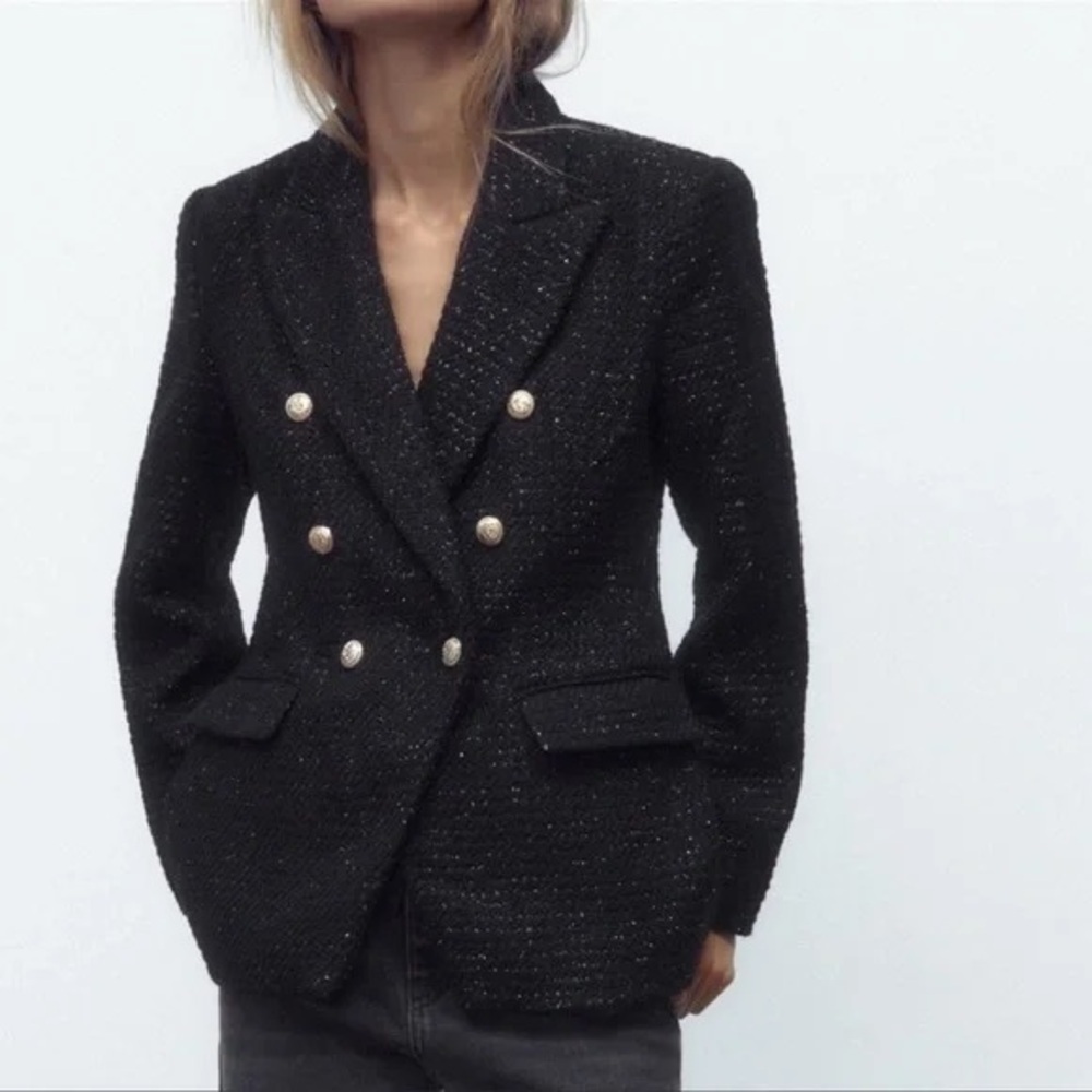 Jason Wu | Tweed Textured Sparkle Double Breasted Blazer Size XS Black Gold